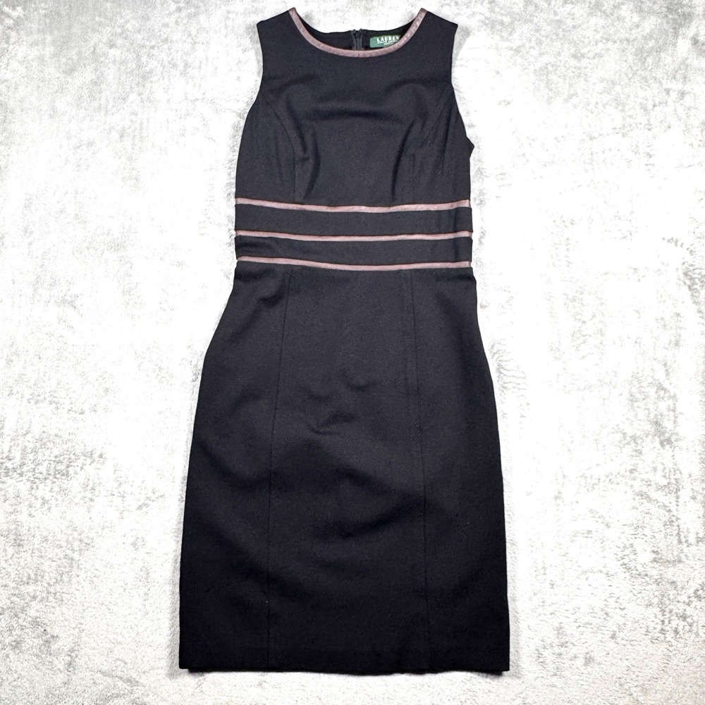 Lauren Ralph Lauren Black Sleeveless Dress Size 6 Brown Stripe Waist Detail
